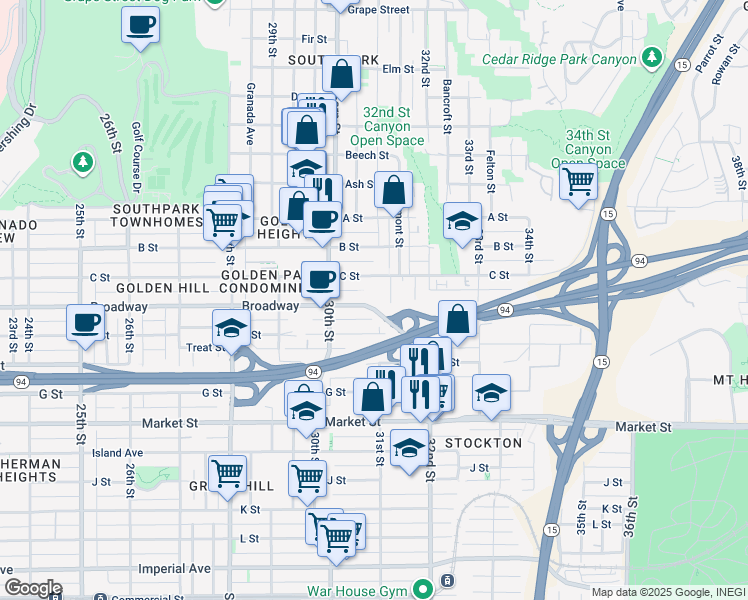 map of restaurants, bars, coffee shops, grocery stores, and more near 3093 C Street in San Diego