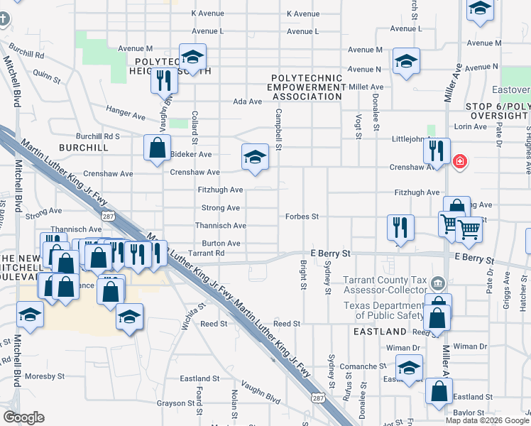 map of restaurants, bars, coffee shops, grocery stores, and more near 3537 Strong Avenue in Fort Worth