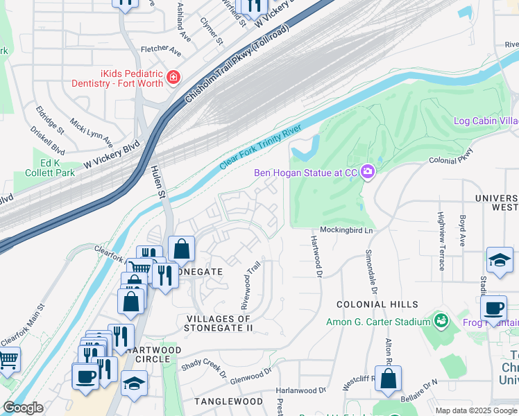map of restaurants, bars, coffee shops, grocery stores, and more near 2501 Oak Hill Circle in Fort Worth