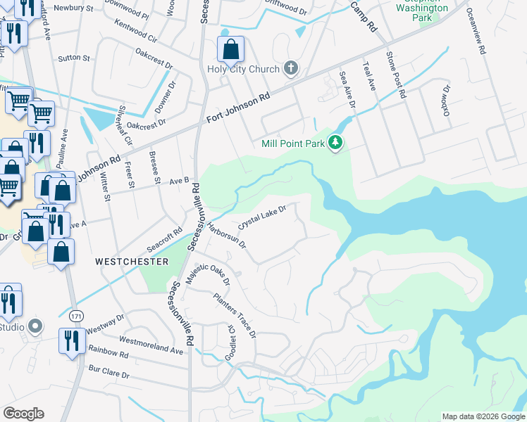 map of restaurants, bars, coffee shops, grocery stores, and more near 1741 Crystal Lake Drive in Charleston