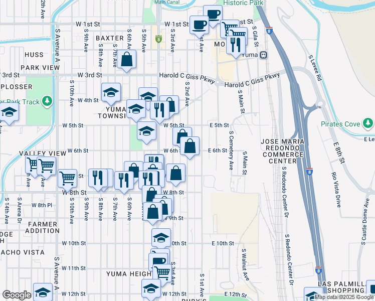map of restaurants, bars, coffee shops, grocery stores, and more near 201 West 6th Street in Yuma