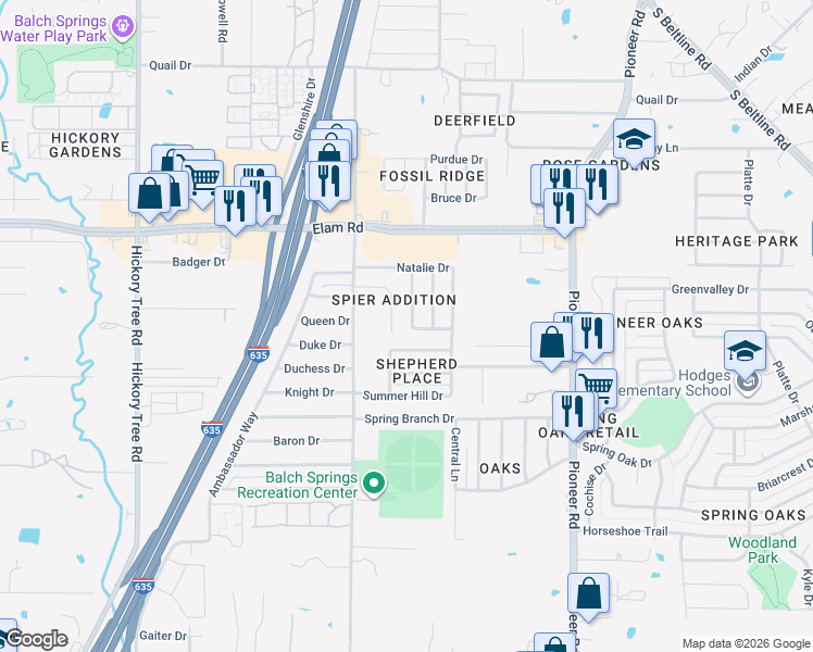 map of restaurants, bars, coffee shops, grocery stores, and more near 3841 Meredith Lane in Balch Springs