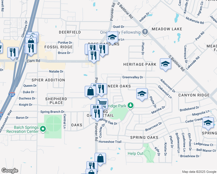 map of restaurants, bars, coffee shops, grocery stores, and more near 3934 Cochise Drive in Balch Springs