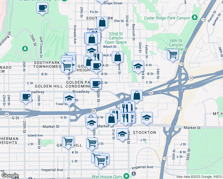 map of restaurants, bars, coffee shops, grocery stores, and more near 3093 C Street in San Diego