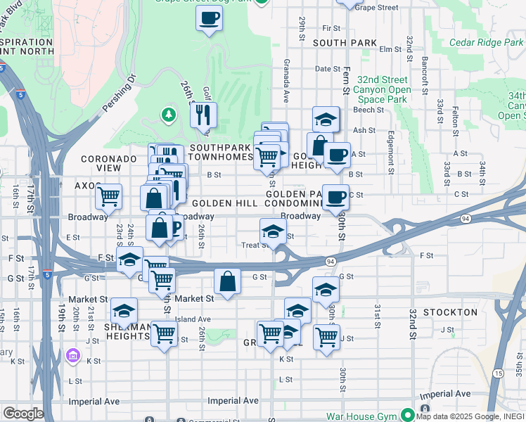 map of restaurants, bars, coffee shops, grocery stores, and more near 2741 C Street in San Diego
