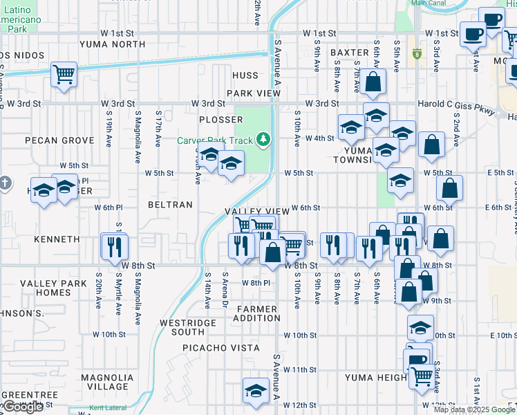 map of restaurants, bars, coffee shops, grocery stores, and more near 598 S 12th Ave in Yuma
