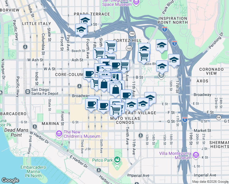 map of restaurants, bars, coffee shops, grocery stores, and more near 1060 Eighth Avenue in San Diego