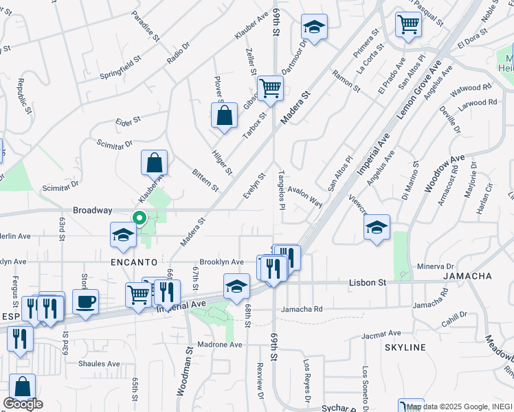 map of restaurants, bars, coffee shops, grocery stores, and more near 1045 Evelyn Street in San Diego