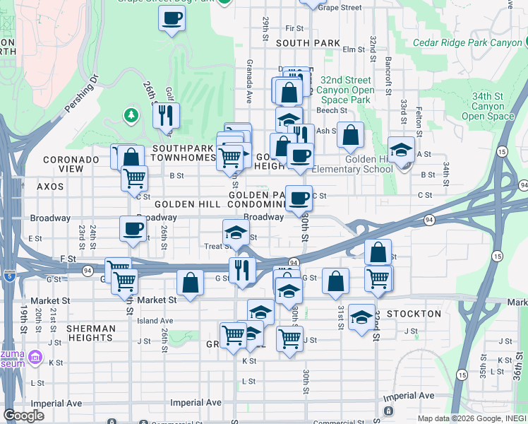 map of restaurants, bars, coffee shops, grocery stores, and more near in San Diego