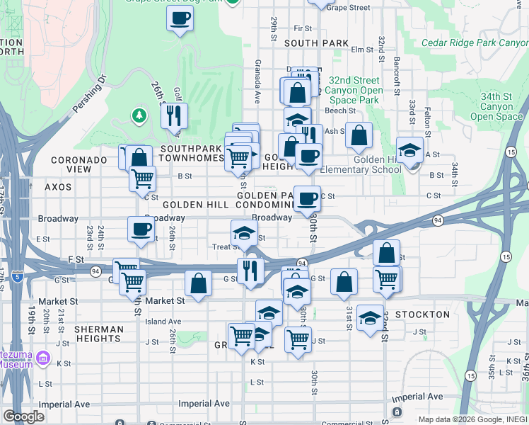 map of restaurants, bars, coffee shops, grocery stores, and more near in San Diego
