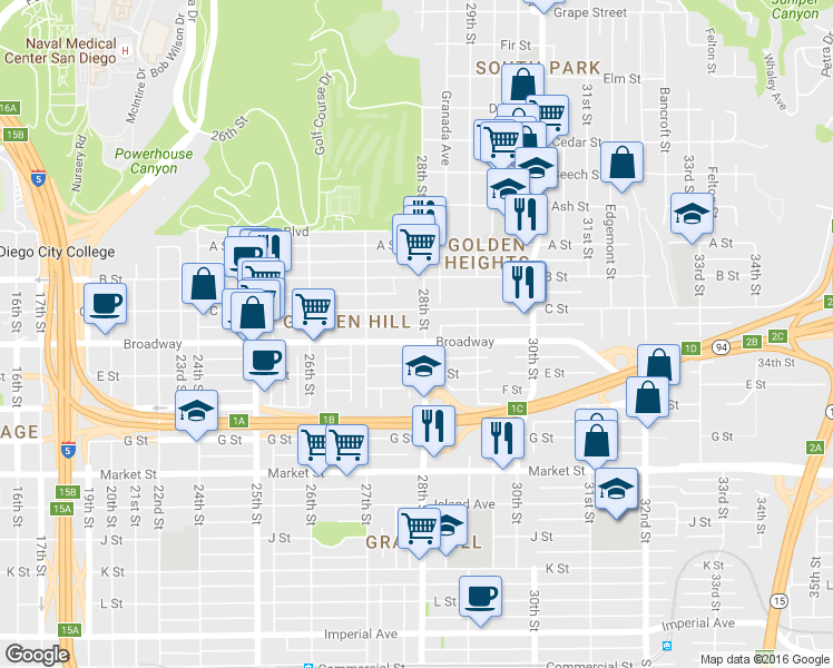 map of restaurants, bars, coffee shops, grocery stores, and more near in San Diego