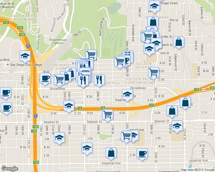 map of restaurants, bars, coffee shops, grocery stores, and more near in San Diego