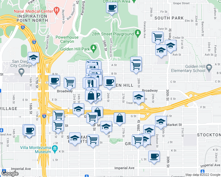 map of restaurants, bars, coffee shops, grocery stores, and more near 1035 26th Street in San Diego