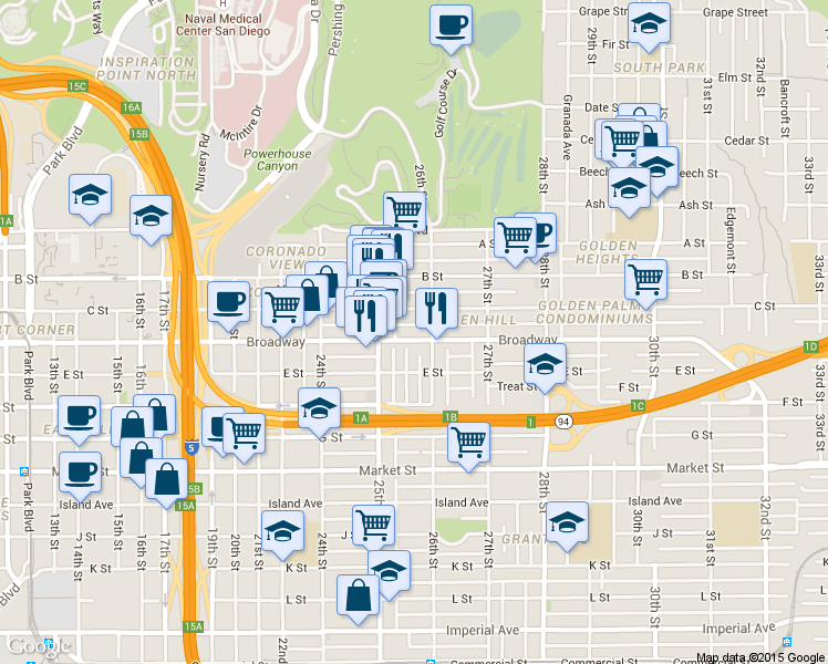 map of restaurants, bars, coffee shops, grocery stores, and more near 2531 C Street in San Diego