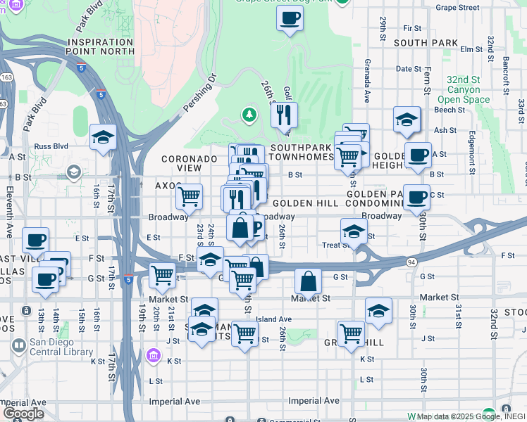 map of restaurants, bars, coffee shops, grocery stores, and more near 2531 C Street in San Diego