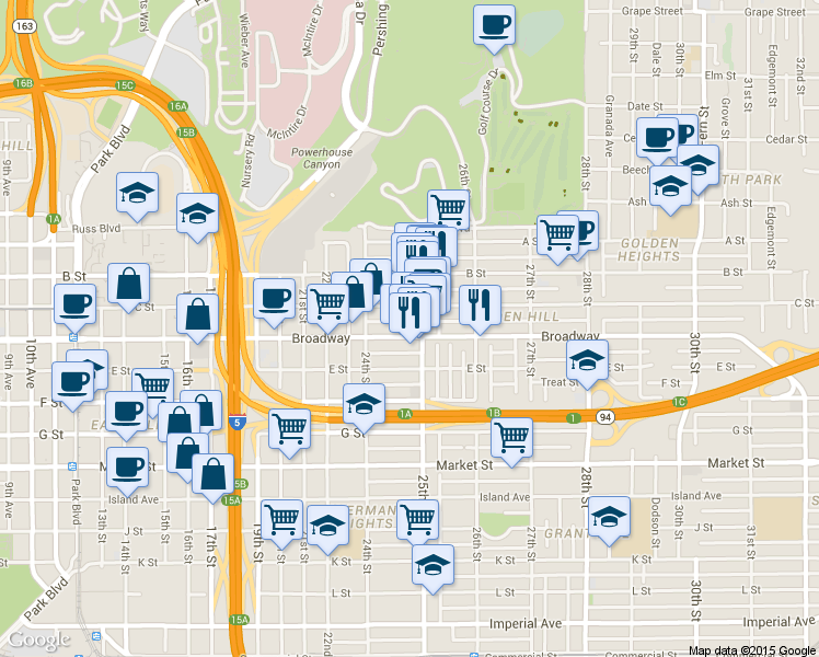 map of restaurants, bars, coffee shops, grocery stores, and more near in San Diego