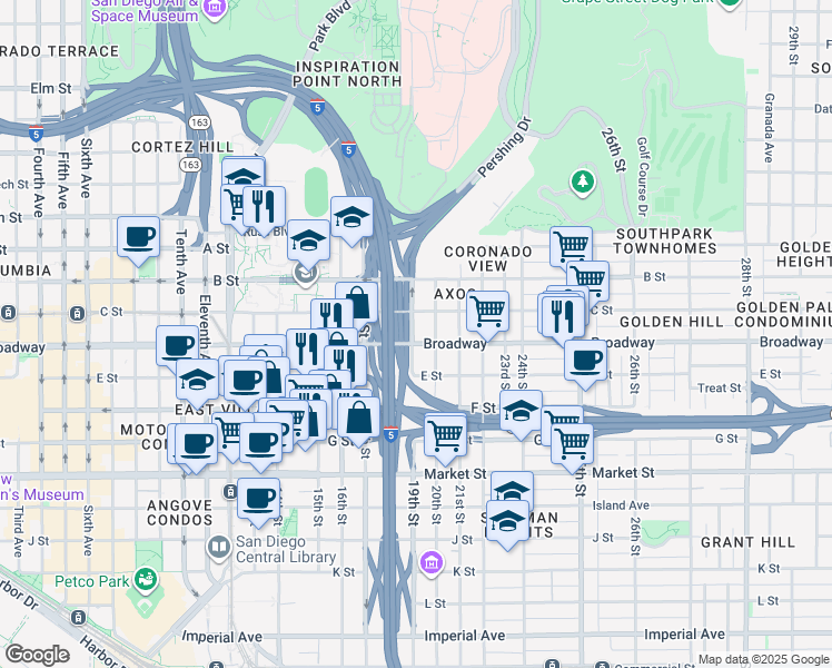 map of restaurants, bars, coffee shops, grocery stores, and more near 1055 19th Street in San Diego