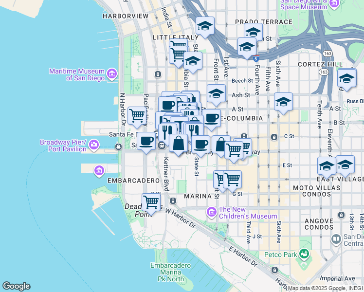map of restaurants, bars, coffee shops, grocery stores, and more near 501 West C Street in San Diego