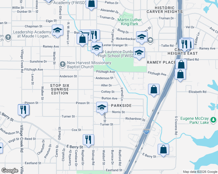 map of restaurants, bars, coffee shops, grocery stores, and more near 5537 Alter Drive in Fort Worth