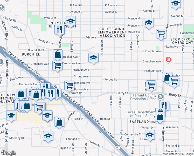 map of restaurants, bars, coffee shops, grocery stores, and more near 3537 Strong Avenue in Fort Worth