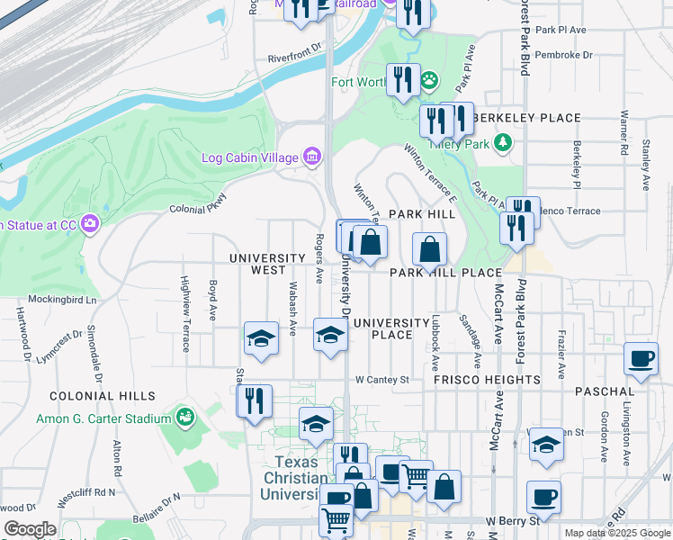 map of restaurants, bars, coffee shops, grocery stores, and more near 2966 Park Hill Drive in Fort Worth