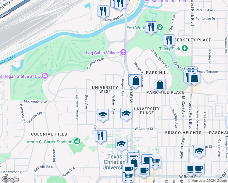 map of restaurants, bars, coffee shops, grocery stores, and more near 2438 Wabash Avenue in Fort Worth