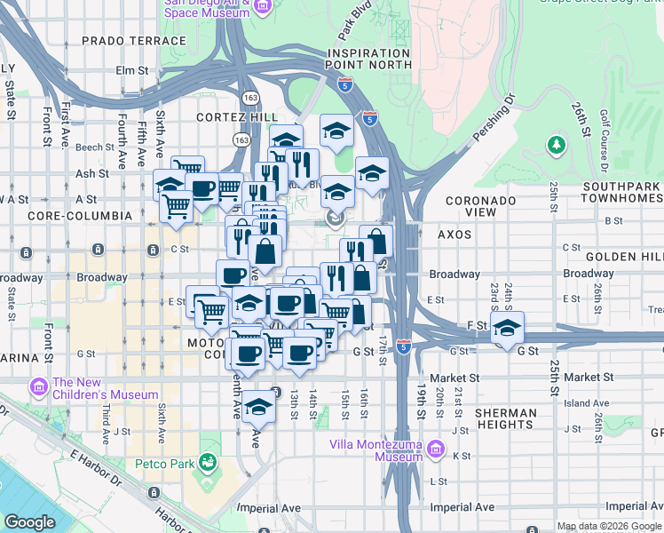map of restaurants, bars, coffee shops, grocery stores, and more near 1480 Broadway in San Diego
