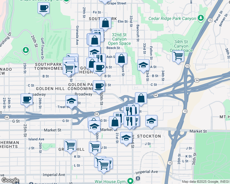 map of restaurants, bars, coffee shops, grocery stores, and more near in San Diego