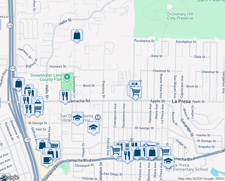 map of restaurants, bars, coffee shops, grocery stores, and more near 9249 Birch Street in Spring Valley