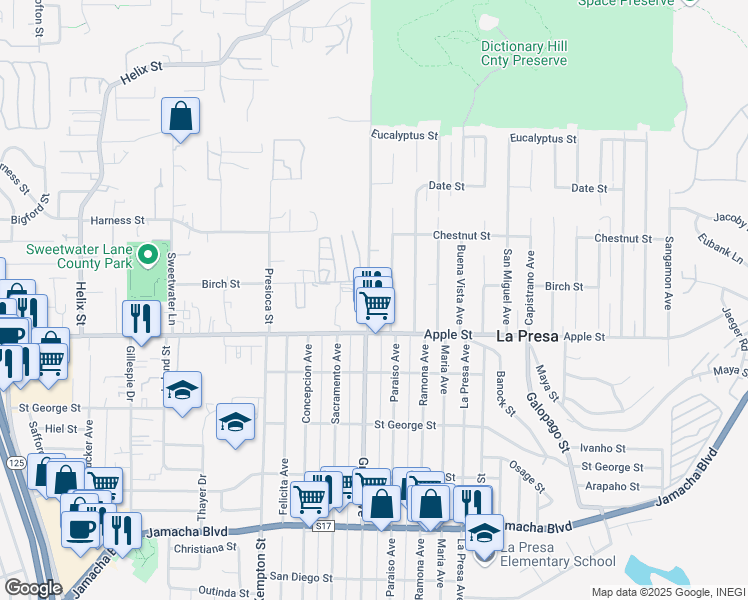 map of restaurants, bars, coffee shops, grocery stores, and more near 1111 Grand Avenue in Spring Valley