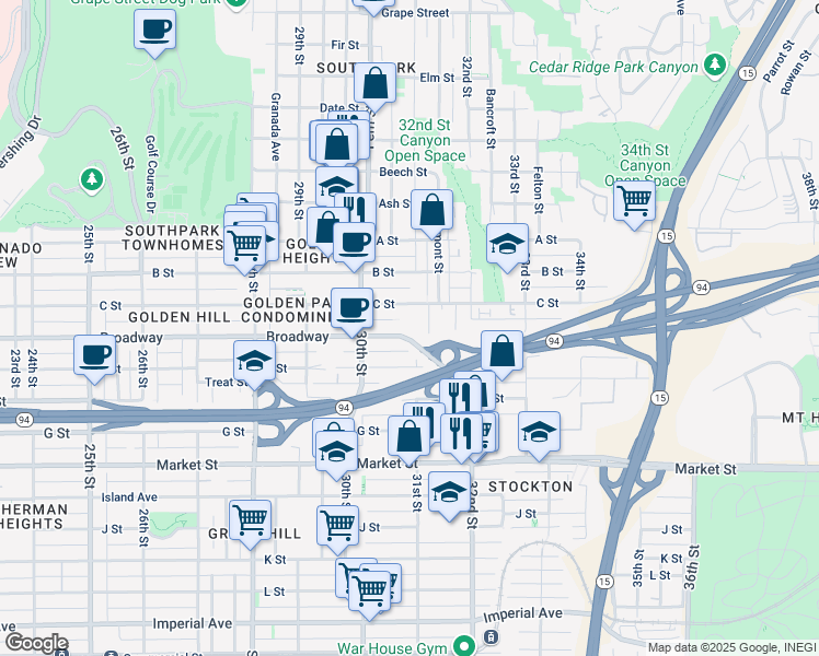 map of restaurants, bars, coffee shops, grocery stores, and more near 3093 C Street in San Diego