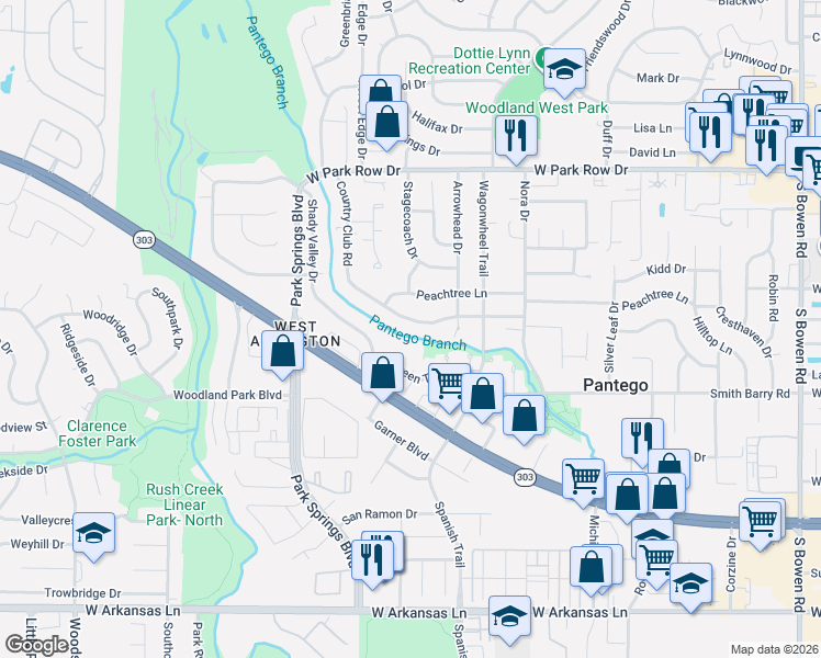 map of restaurants, bars, coffee shops, grocery stores, and more near 3409 Country Club Road in Pantego
