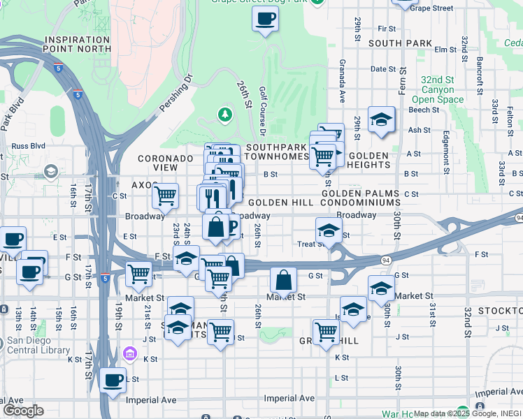 map of restaurants, bars, coffee shops, grocery stores, and more near in San Diego