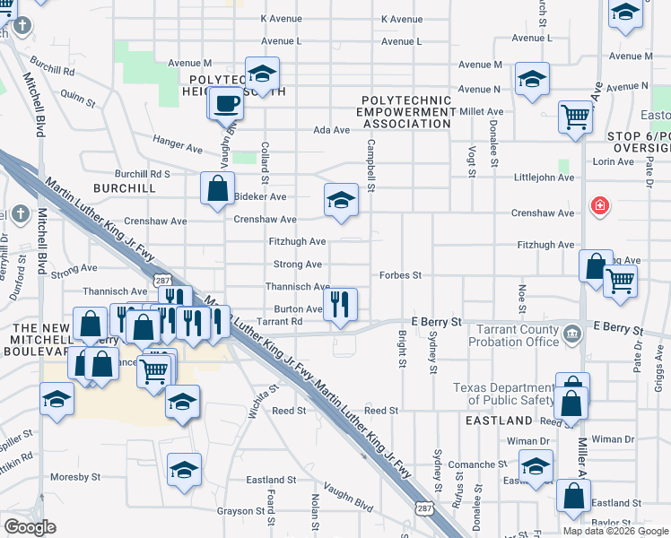 map of restaurants, bars, coffee shops, grocery stores, and more near 3504 Strong Avenue in Fort Worth