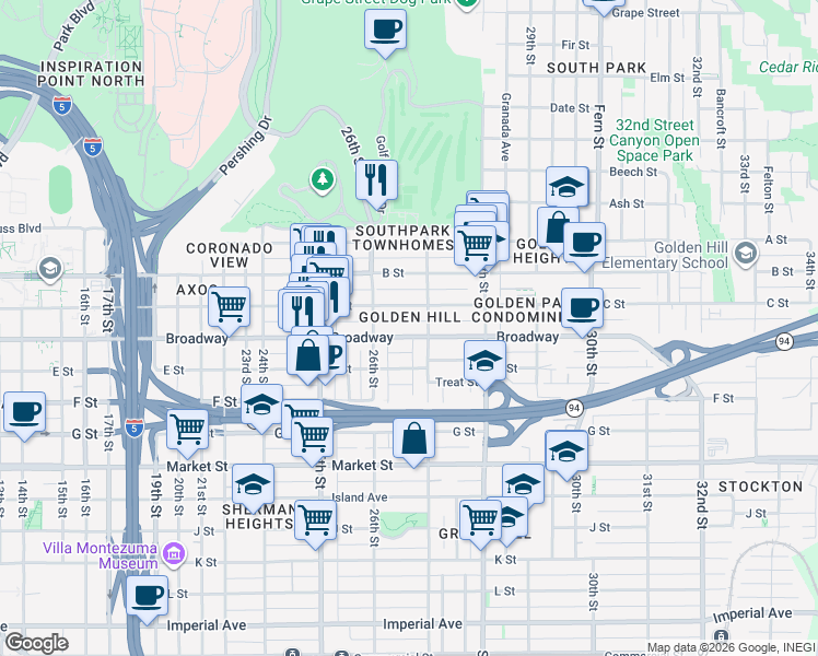 map of restaurants, bars, coffee shops, grocery stores, and more near 2666 Broadway in San Diego