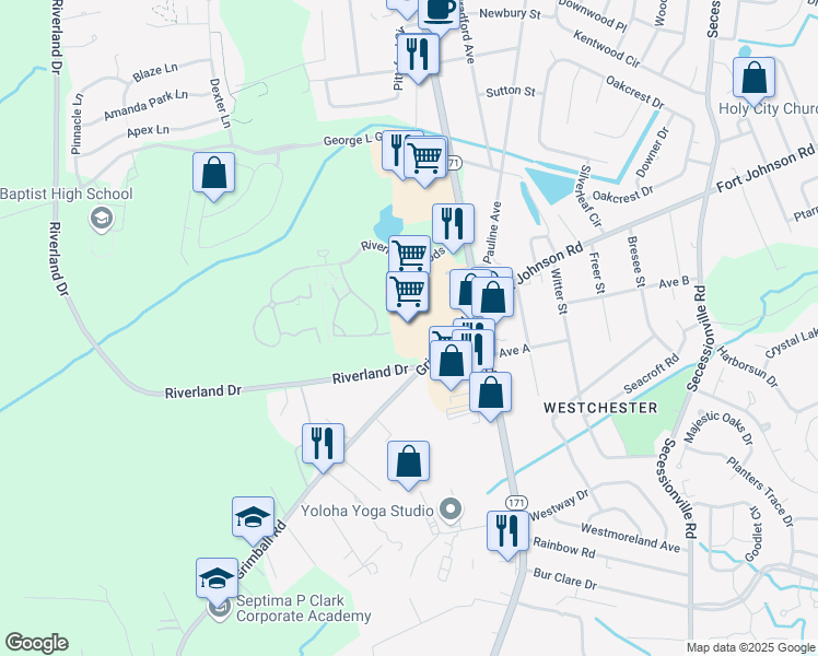map of restaurants, bars, coffee shops, grocery stores, and more near 1291 Folly Road in Charleston