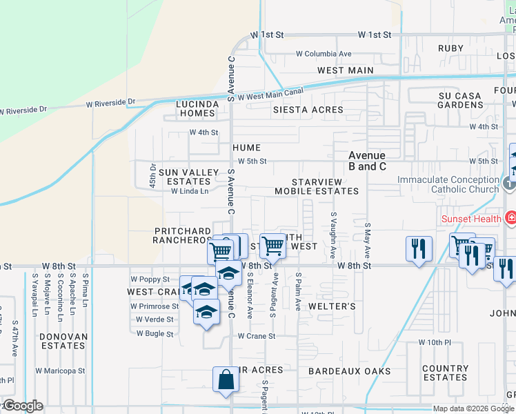 map of restaurants, bars, coffee shops, grocery stores, and more near 621 South El Prado Road in Yuma