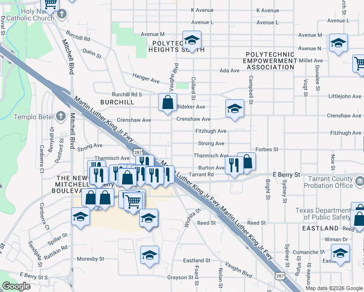 map of restaurants, bars, coffee shops, grocery stores, and more near 3216 Strong Avenue in Fort Worth