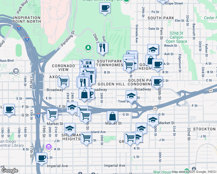 map of restaurants, bars, coffee shops, grocery stores, and more near 2650 Broadway in San Diego