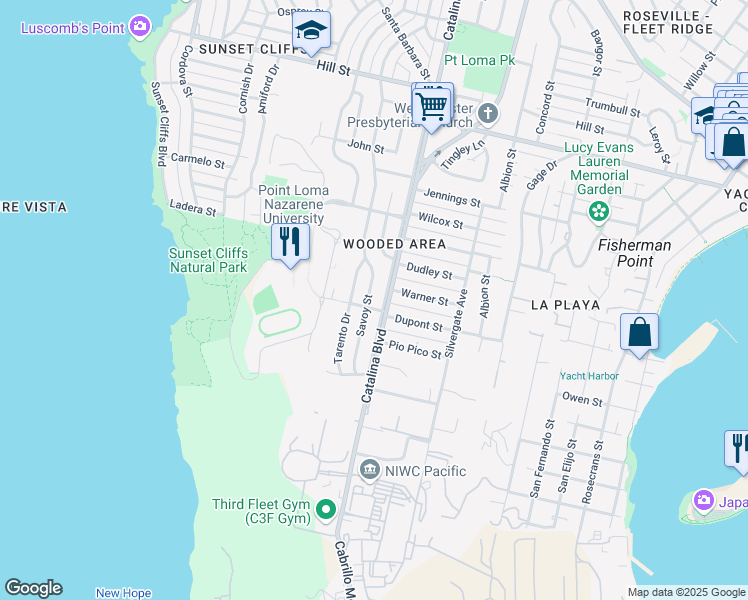 map of restaurants, bars, coffee shops, grocery stores, and more near 611 Savoy Street in San Diego