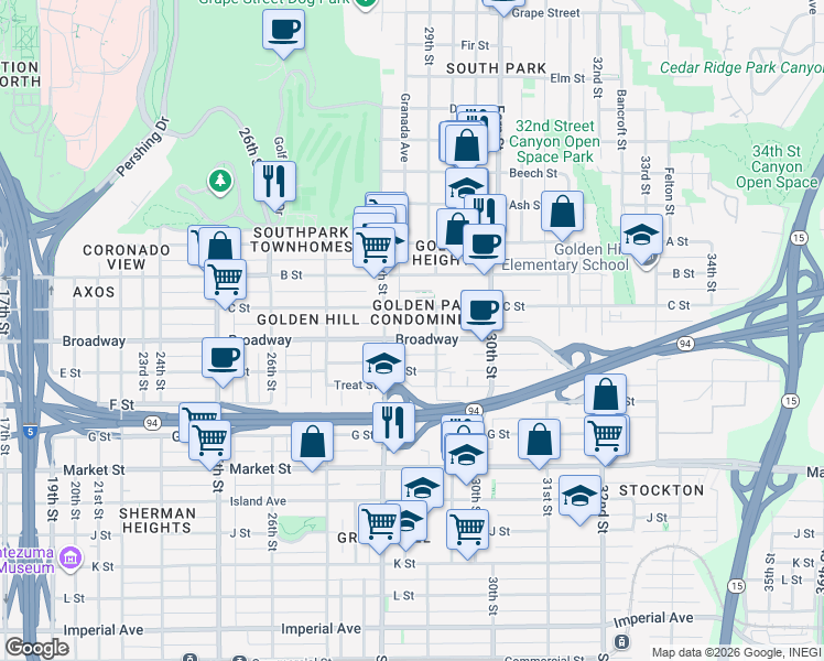 map of restaurants, bars, coffee shops, grocery stores, and more near in San Diego