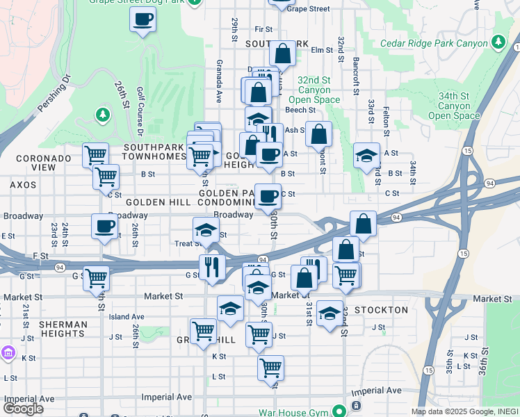 map of restaurants, bars, coffee shops, grocery stores, and more near 2940 Broadway in San Diego
