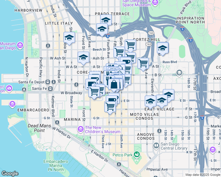 map of restaurants, bars, coffee shops, grocery stores, and more near 427 C Street in San Diego