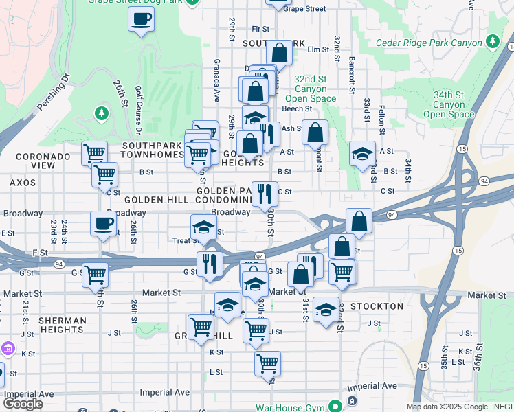 map of restaurants, bars, coffee shops, grocery stores, and more near in San Diego