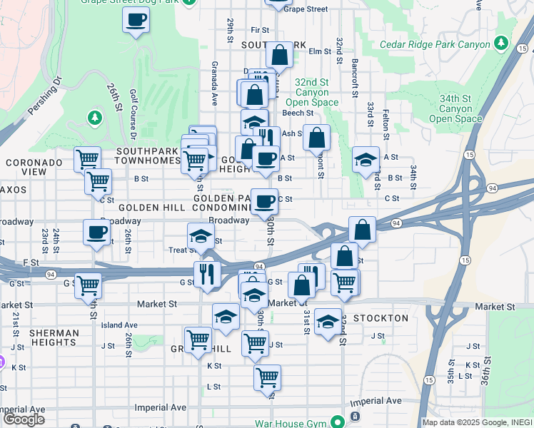 map of restaurants, bars, coffee shops, grocery stores, and more near 2957 C Street in San Diego