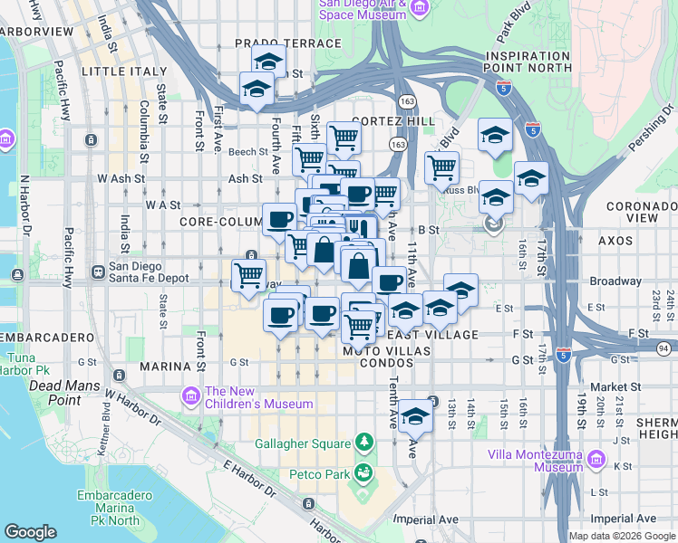 map of restaurants, bars, coffee shops, grocery stores, and more near 702 Broadway in San Diego