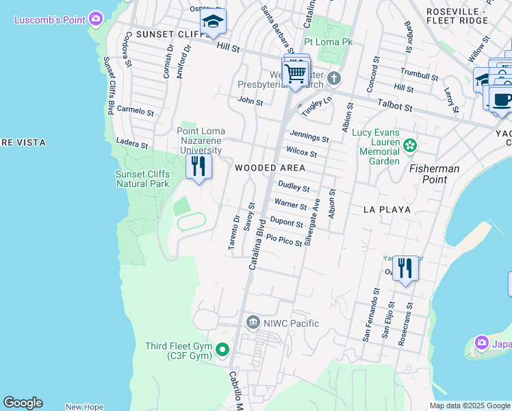 map of restaurants, bars, coffee shops, grocery stores, and more near 611 Savoy Street in San Diego