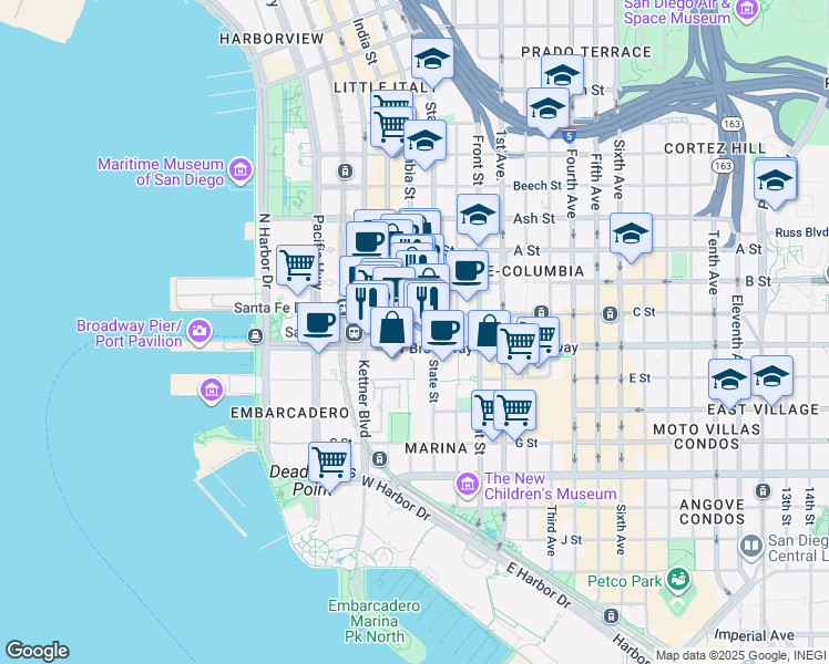 map of restaurants, bars, coffee shops, grocery stores, and more near 402 West Broadway in San Diego