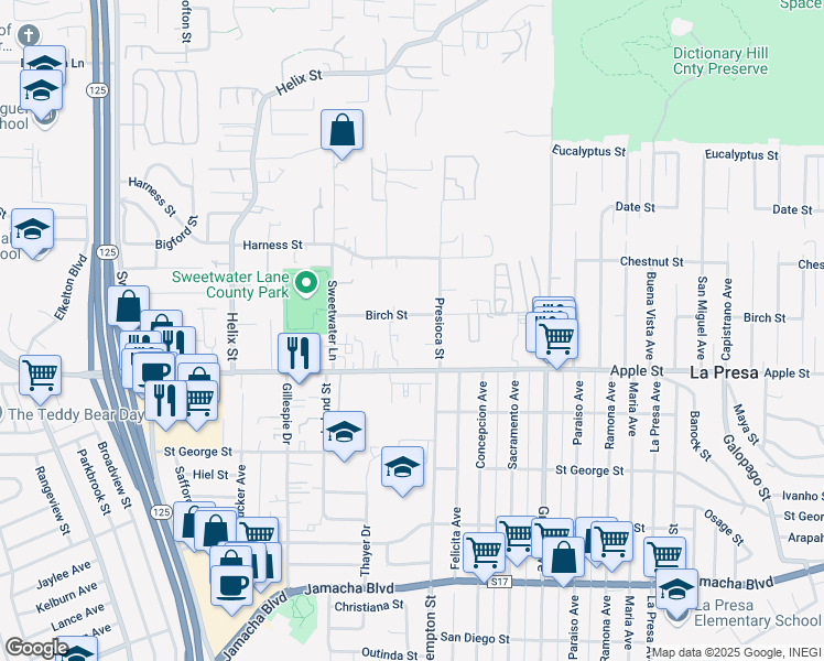 map of restaurants, bars, coffee shops, grocery stores, and more near 9131 Birch Street in Spring Valley