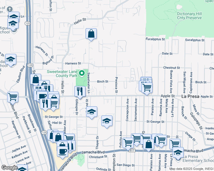 map of restaurants, bars, coffee shops, grocery stores, and more near 9131 Birch Street in Spring Valley